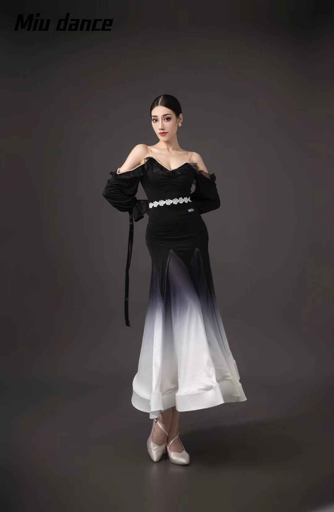 Black White Gradient Off Shoulder Ballroom Dance Dresses for Women Girls Waltz Tango Rhythm Fishbone Skirt - Moderndancedress.com