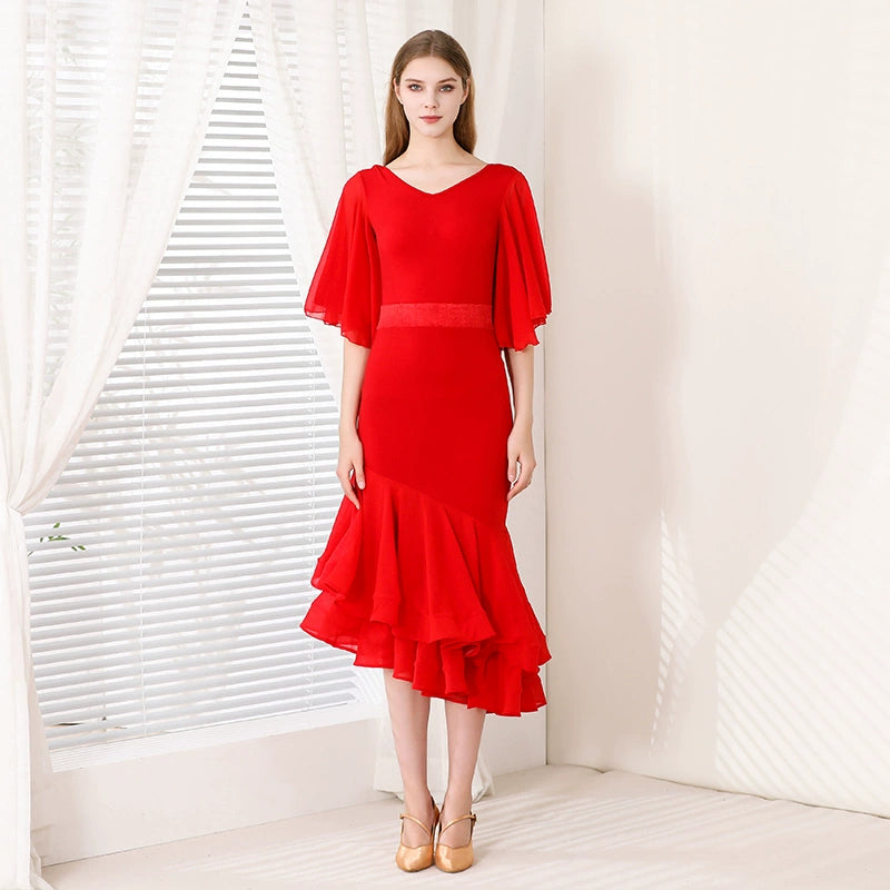 Long Latin Dance Dress for Women Red Modern Ruffles Sleeves Ballroom Dance Costume Waltz Tango Performance Clothes for Female - Moderndancedress.com