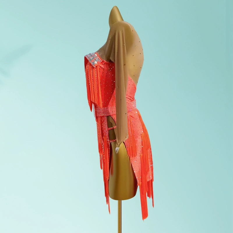 Custom Size Orange with Flesh Sleeves Competition Latin Dance Dresses for Women Girls Kids Adult Salsa Chacha Rumba Dancing Costumes - Moderndancedress.com