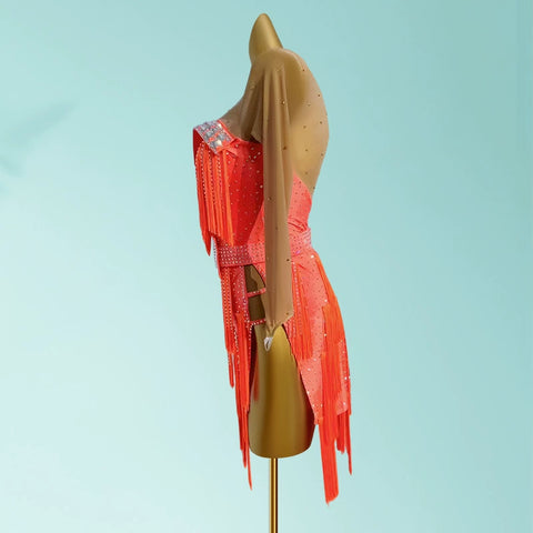 Custom Size Orange with Flesh Sleeves Competition Latin Dance Dresses for Women Girls Kids Adult Salsa Chacha Rumba Dancing Costumes - Moderndancedress.com