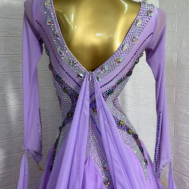 Custom Size Lavender Luxury Ballroom Dance Dress Rhinestones Waltz Competition Dance Gown