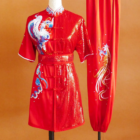 Custom Size Red Phoenix Wushu Competition Clothing for Women Embroidered Martial Arts Clothes Changquan Kungfu Art Exam Uniform