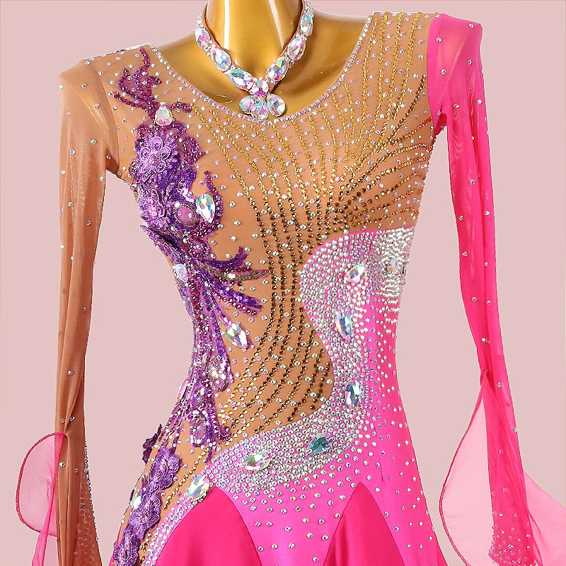 Custom Size Fuchsia Ballroom Dance Dresses for Women Girls Diamond Waltz Foxtrot Smooth Dance Long Gown
