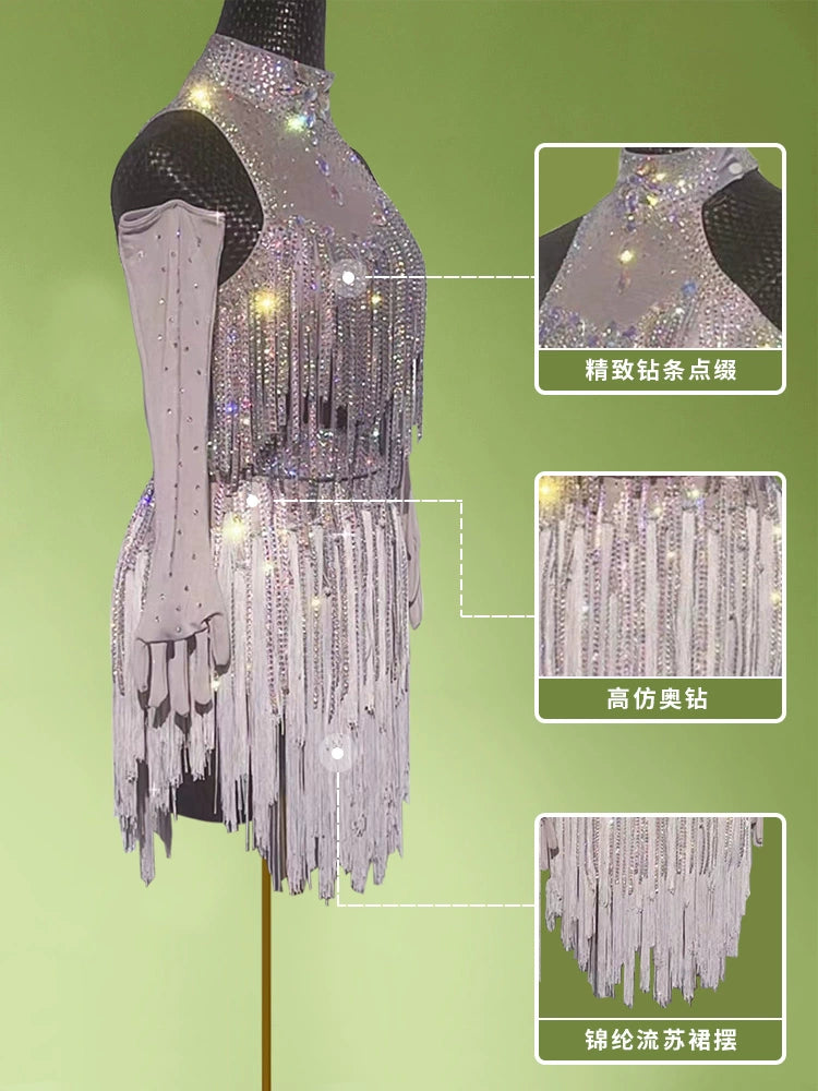 Custom Size Bling Fringe Latin Dance Dresses for Women Girls Salsa Rumba Chacha Performance Art Test Costumes - Moderndancedress.com