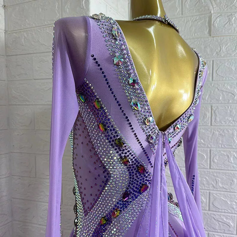 Custom Size Lavender Luxury Ballroom Dance Dress Rhinestones Waltz Competition Dance Gown