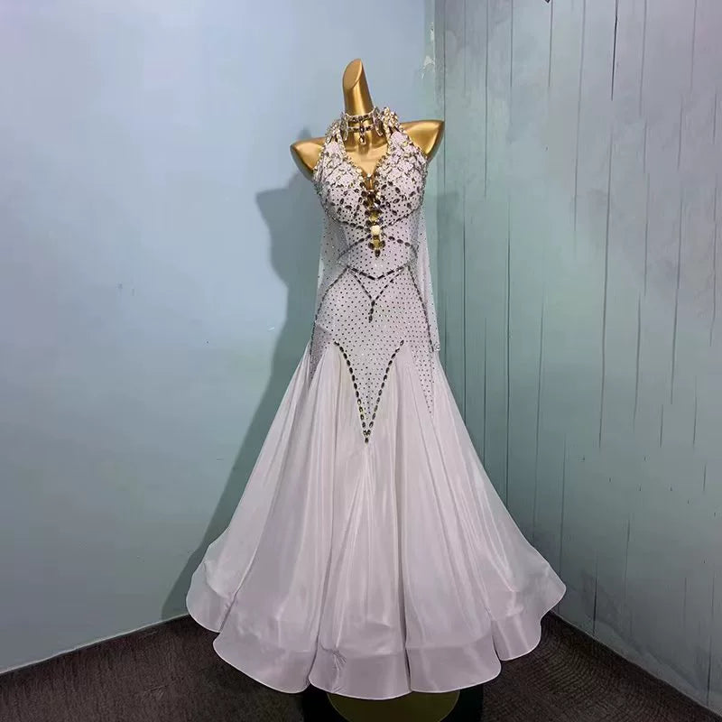 Custom Size White Gold Dimoand Ballroom Dance Dresses for Women Tango Waltz Performance Long Gown