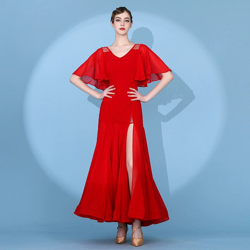 Flying sleeve red black white ballroom dance dress for women girls side slit modern waltz tango foxtrot smooth waltz practice gown Moderndancedress.com Flying sleeve red black white ballroom dance dress for women girls side slit modern waltz tango foxtrot smooth waltz practice gown Moderndancedress.com