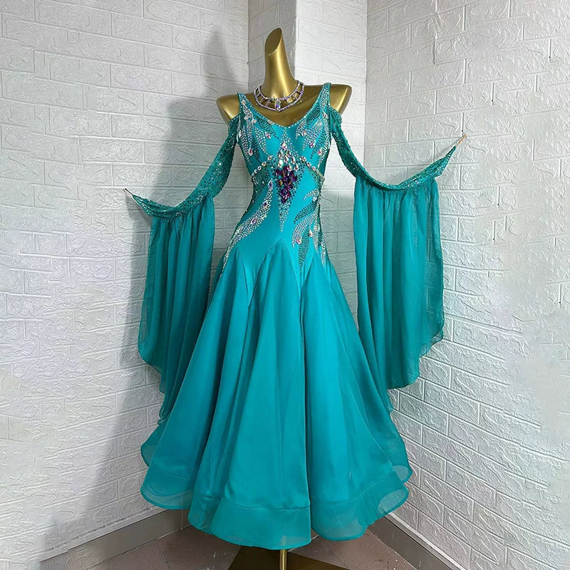 Custom Turquoise Ballroom Dance Dress Waltz Foxtrot Gown with Crystals