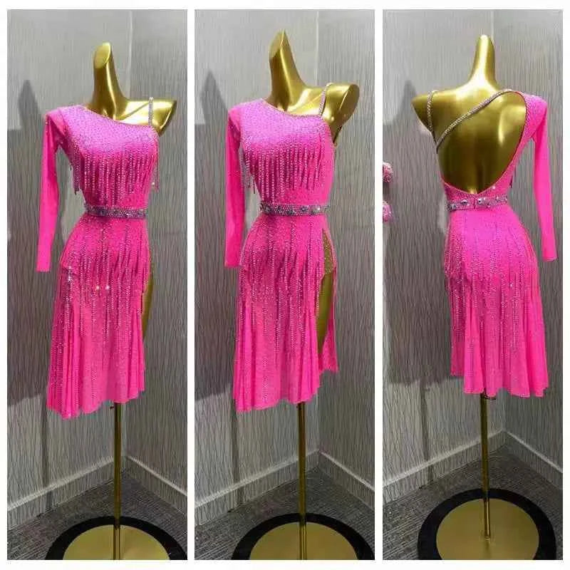 Custom Size Fuchsia Competition Latin Dance Dresses for Women Girls One Shoulder Salsa Blackpool Dance Wear
