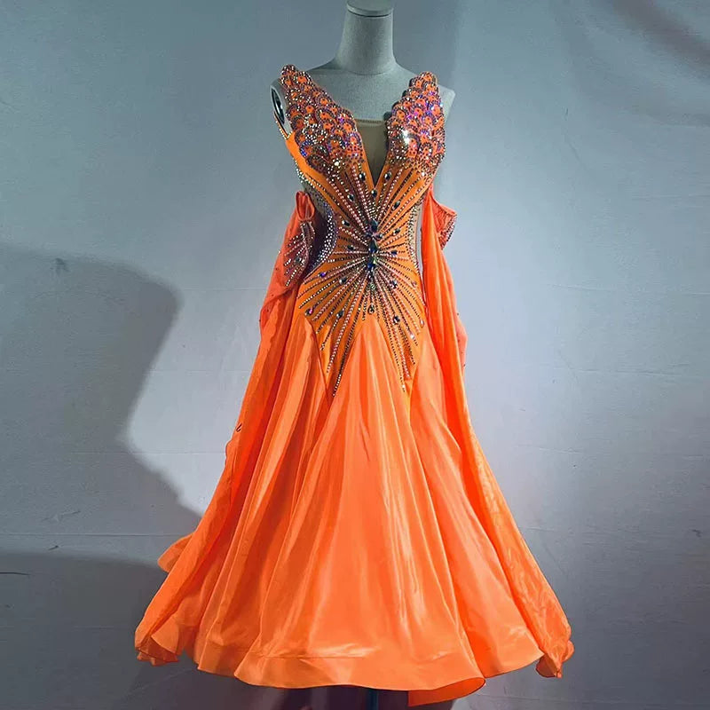 Customized Orange Competition Ballroom Dance Dress Foxtrot Rhythm Waltz Performance Bling Gown