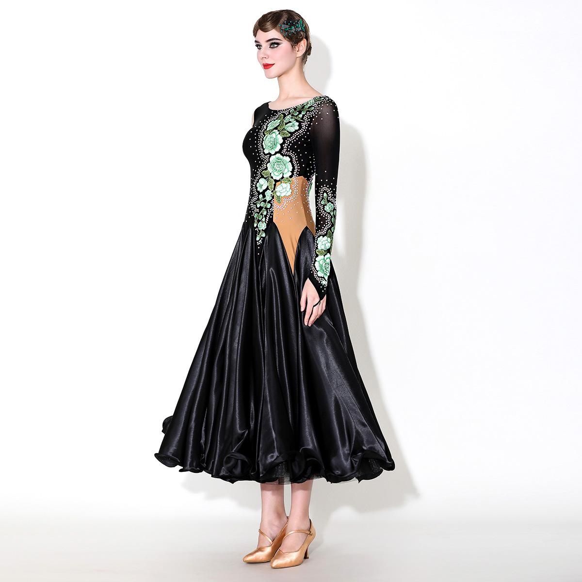 Green Peony Flower Ballroom Dance Dress for Women Girls Slant Neck Rhythm Smooth Waltz Tango Satin Gown - Moderndancedress.com