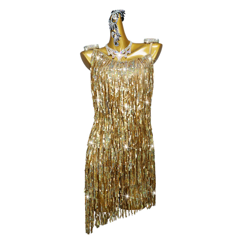 Gold Sequin Fringe Latin Dance Dresses for Women Girls Slant Neck Salsa Rumba Chacha Dance Skirts