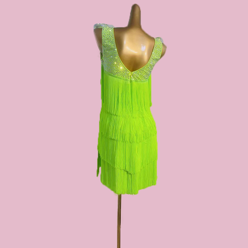 Custom Size Neon Green Fringe Latin Dance Dresses for Women Girls Competition Salsa Rumba Chacha Art Test Dance Skirt Performance Costumes - Moderndancedress.com