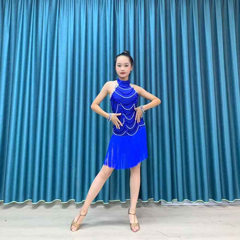 Custom Size Royal Blue Fringe Competition Latin Dance Dresses for Women Girls Salsa Rumba Chacha Art Test Dance Wear