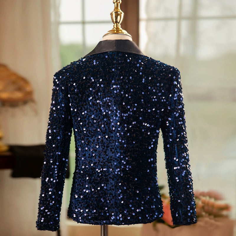 Boys Rainbow Navy Sequins Jazz Dance Coats Host Singers Pianist Performance Blazers Wedding Birthday Party Flowers Boys Jacket for Kids - Moderndancedress.com