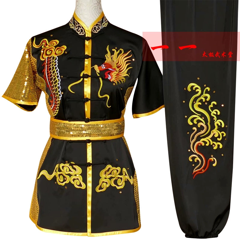Martial Arts Clothes Kungfu clothes Short-sleeved Wushu Clothing for Men and Women Embroidered Dragon Wushu Show Clothing for Children and Long Boxing Competition Clothing for Adults