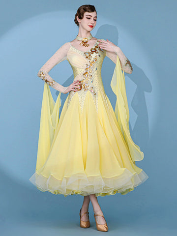 Custom size yellow competition ballroom dance dresses for women girls kids gemstones senior waltz tango foxtrot smooth dance gown - Moderndancedress.com
