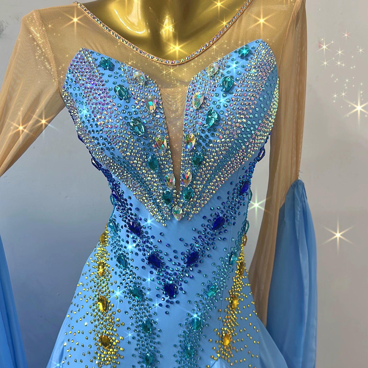 Custom Size Blue Crystal Competition Ballroom Dance Dress Waltz Tango Foxtrot Dance Gown