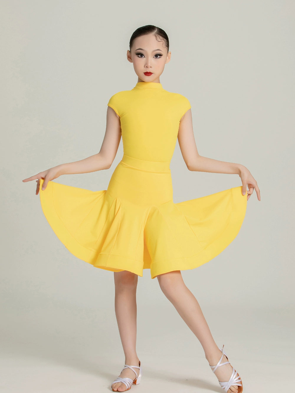 Blackpool Latin dance competition dresses for girls kids aqua yellow green salsa ballroom standard performance outfits for children - Moderndancedress.com