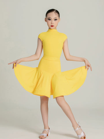 Blackpool Latin dance competition dresses for girls kids aqua yellow green salsa ballroom standard performance outfits for children - Moderndancedress.com