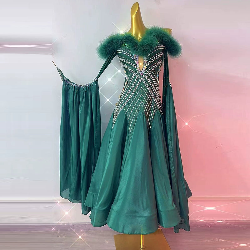 Custom Size Women's Dark Green Ballroom Dance Dresses National Standard Waltz Dancing Costumes