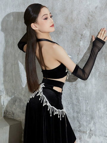 Competition Latin dance dresses for girls kids black blue velvet lace salsa ballroom rumba chacha performance pearl costumes for children - Moderndancedress.com