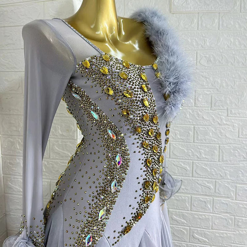 Custom Size Gold Rhinestone Silver Ballroom Dance Dress for Women Feather Standard Waltz Tango Rhythm Competition Gown