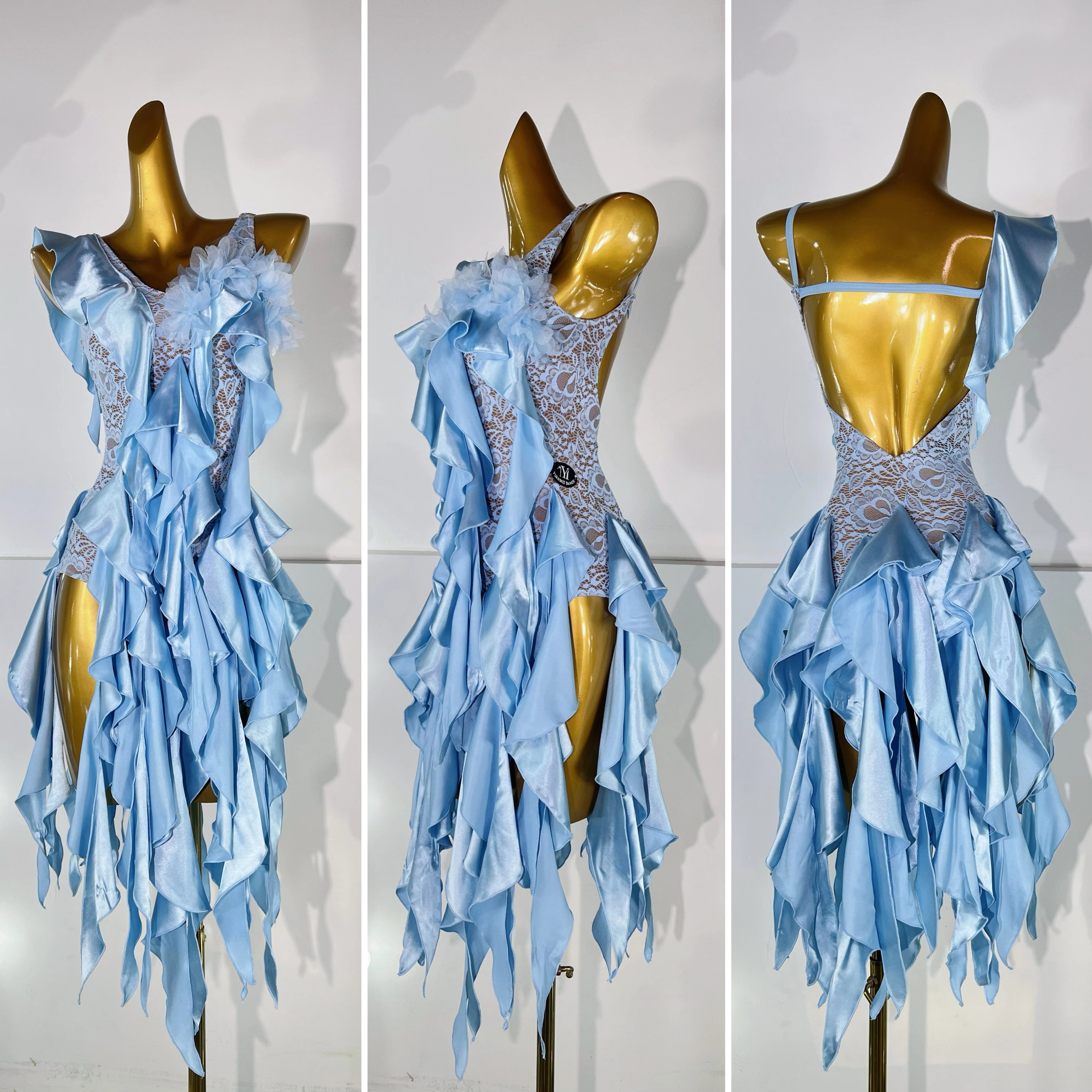 Custom Size Blue Lace Latin Dance Dress Salsa Ballroom Irregular Hem Fringe Skirt