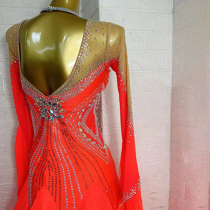 Custom Coral Red Ballroom Dance Dress with Luxury Crystals | Smooth Gown