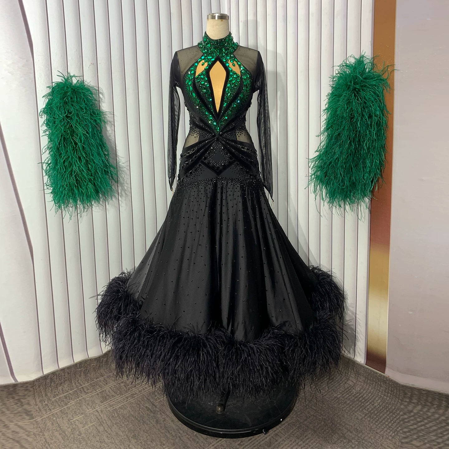 Custom Black with Green Crystal Competition Ballroom Dance Dress Feather Float Waltz Tango Gown