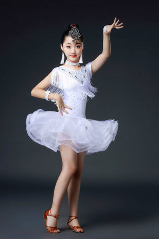 Kids Girls Competition Tassel Latin Dance Dresses Orange Red White Green Salsa Chacha Latin Party Performance Costume - Moderndancedress.com
