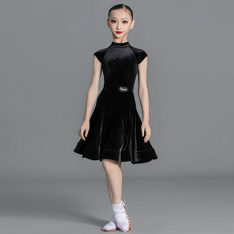 Latin Dance Competition dresses for kids girls wine green Short Sleeves Standard ballroom latin Competition Suit