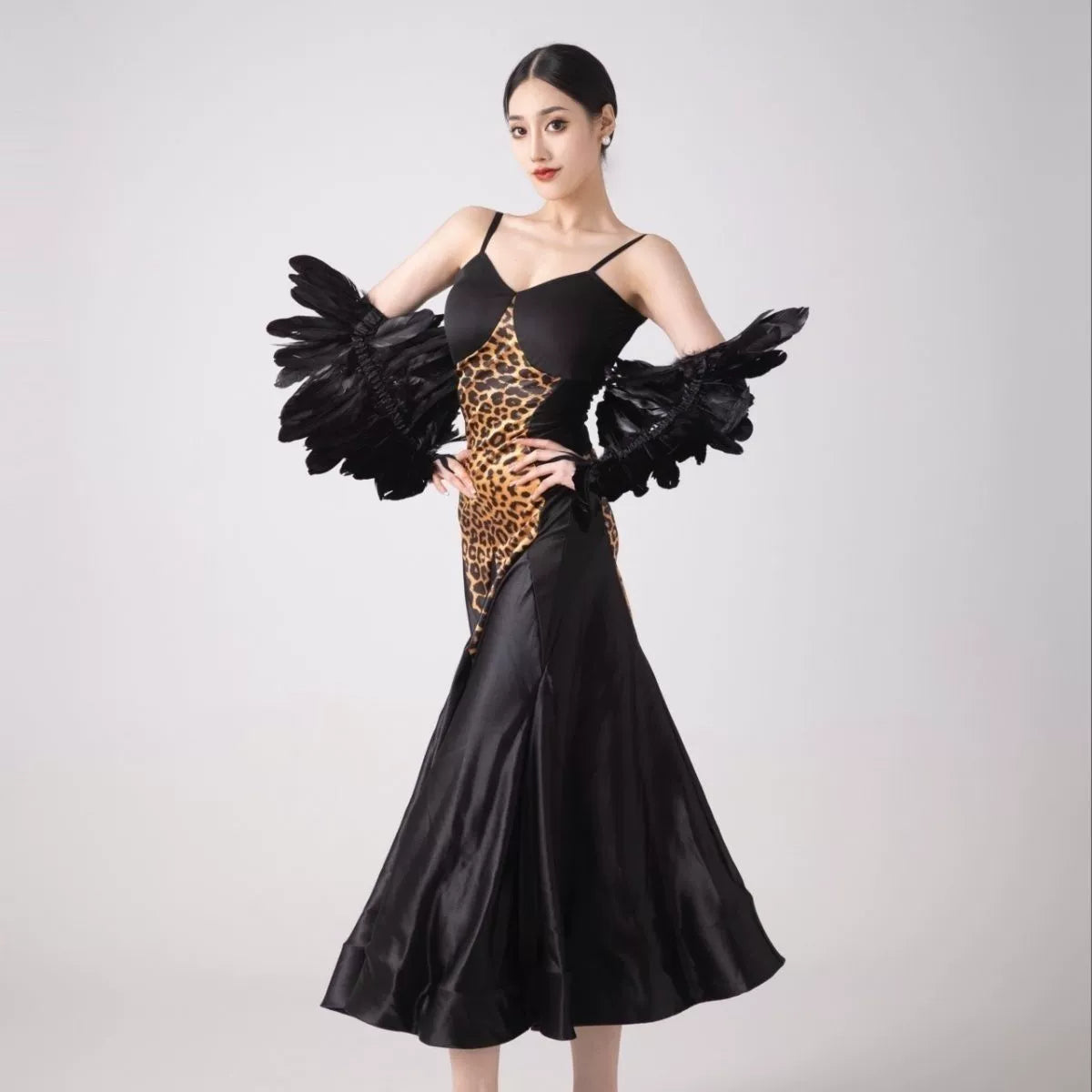 Women Leopard Ballroom Dance Dresses Feather Waltz Tango Rhythm Performance Costumes for Female - Moderndancedress.com