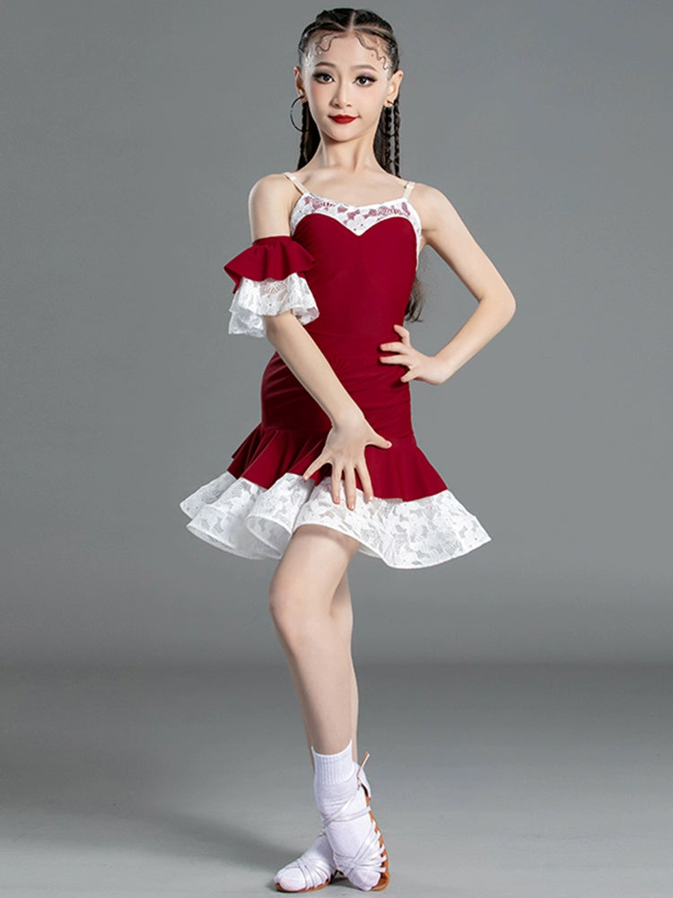 Girl red Latin dance dresses pink salsa ballroom latin competition performance suit - Moderndancedress.com