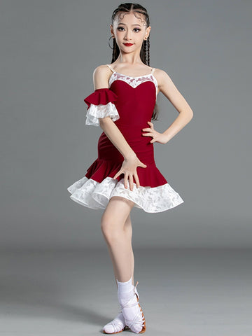 Girl red Latin dance dresses pink salsa ballroom latin competition performance suit - Moderndancedress.com