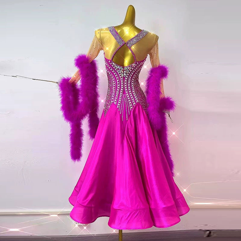 Customized  Size Fuchsia Feather Competition Ballroom Dance Dresses for Women Girls Waltz Tango Social Dance Long Gown - Moderndancedress.com