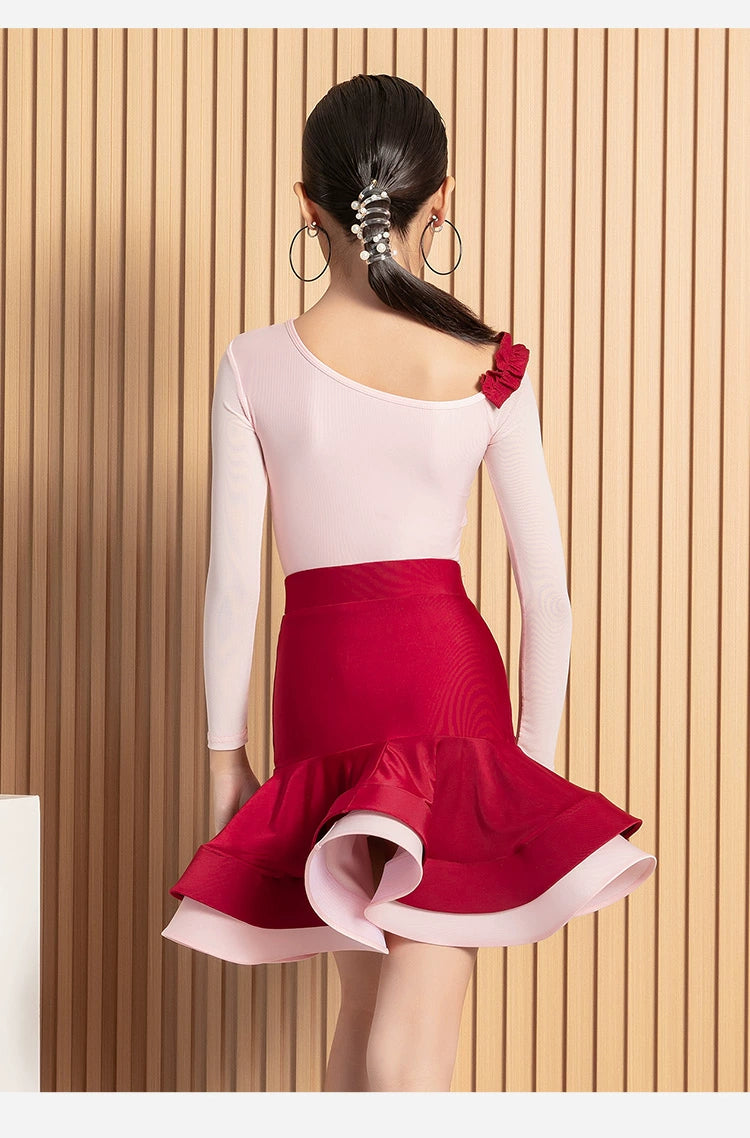 Pink with Red Girls Latin Dance Dresses Salsa Rumba Chacha Long Sleeves Ruffles Professional Dance Wear for Children - Moderndancedress.com