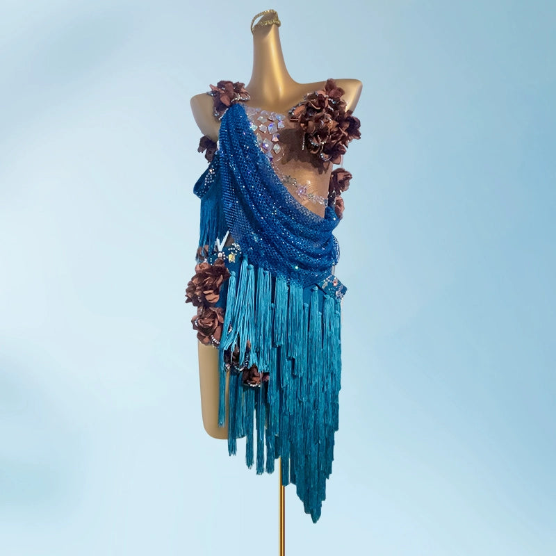 Custom Size Blue Flesh Crystal Competition Latin Dance Dresses for Women Salsa Black Pool Chacha Performance Costumes - Moderndancedress.com