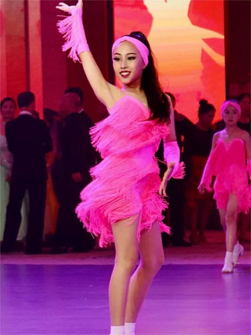 Children's hot pink fringe performance Latin dance dresses for kids girls salsa rumba chacha ballrooom latin performance clothing - Moderndancedress.com