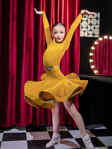 Children's blue pink Latin Dance Costume High Neck Long Sleeve Ultra-Thin Velvet latin ballroom salsa dance dresses for Exam Competition - Moderndancedress.com