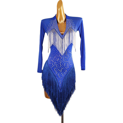 White Red Blue Fringe  Latin Dance Dress for Women Girls Purple Long Sleeves Rhinestones Competition Performance Rumba Chacha Dancing Costumes for Female - Moderndancedress.com