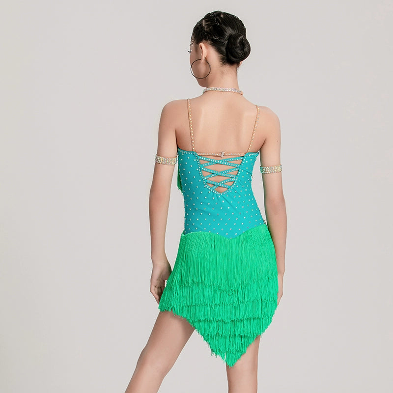 Custom Size Green Fringe Competition Latin Dance Dresses for Girls Kids Rhinestones Advanced Art Examination Dance Skirt Salsa Cha Cha Dancing Wear - Moderndancedress.com