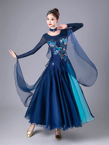 Navy Red Competition Ballroom Dance Dresses for Women Girls Diamond Waltz Tango Foxtrot Rhythm Performance Costumes - Moderndancedress.com