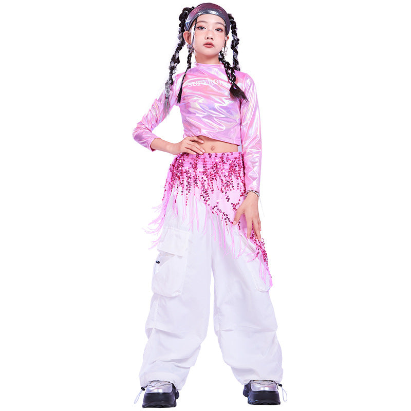 Girls Jazz Dance Costumes Kids Khiphop Metallic Pink Street Outfits & Cargo Pants Set