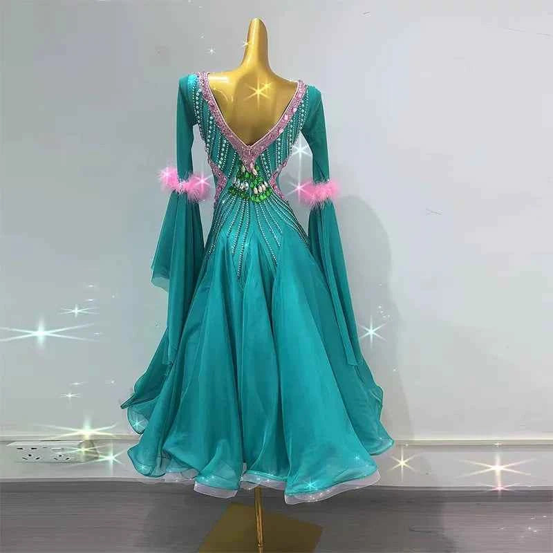 Customized Size Turquoise Pink Ballroom Dance Dresses Waltz Tango Smooth Dance Long Gown