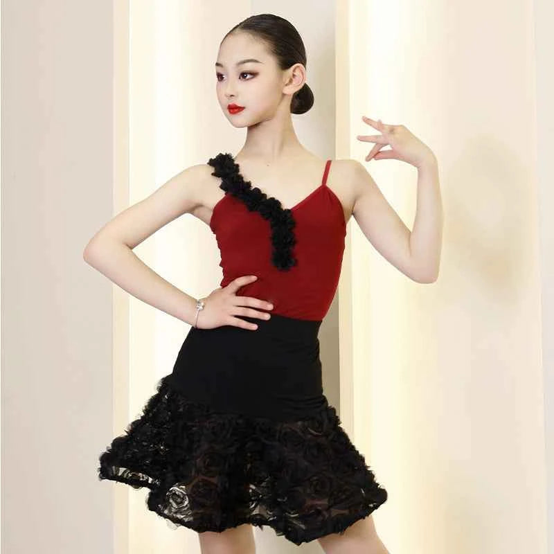 Black with Wine Rose Flowers Girls Latin Dance Dresses Kids Salsa Rumba Performance Costumes for Children