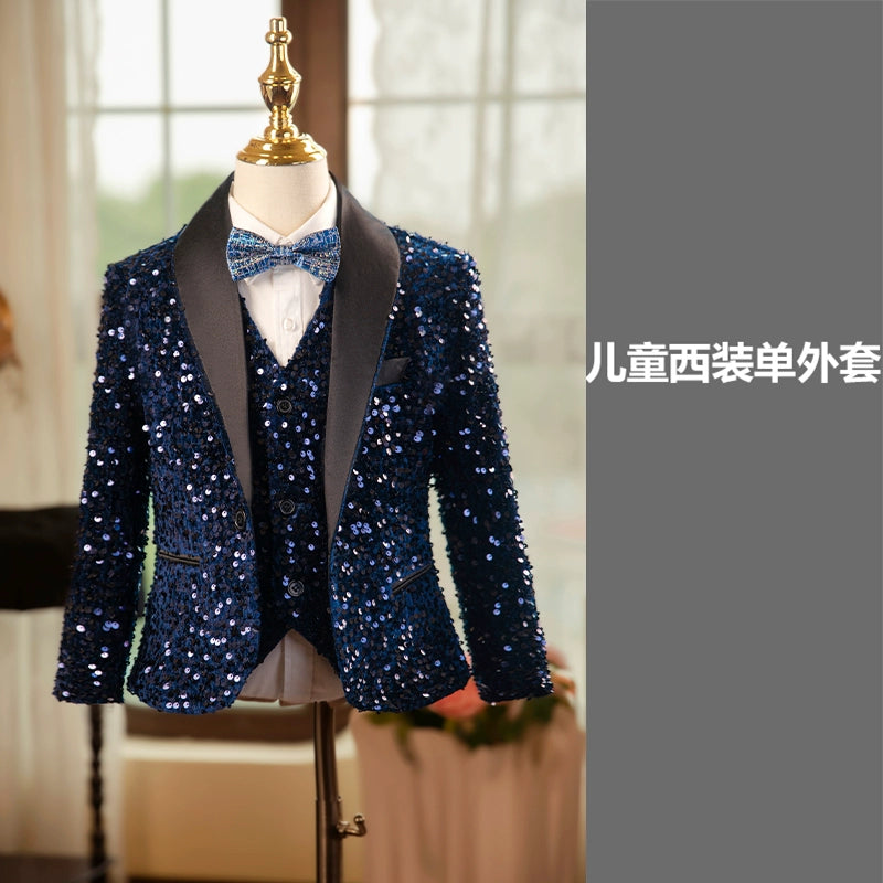 Boys Rainbow Navy Sequins Jazz Dance Coats Host Singers Pianist Performance Blazers Wedding Birthday Party Flowers Boys Jacket for Kids - Moderndancedress.com