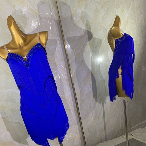 Custom Size Royal Blue Fringe Compeition Latin Dance Dresses for Women Girls Salsa Rumba Chacha Dance Costumes