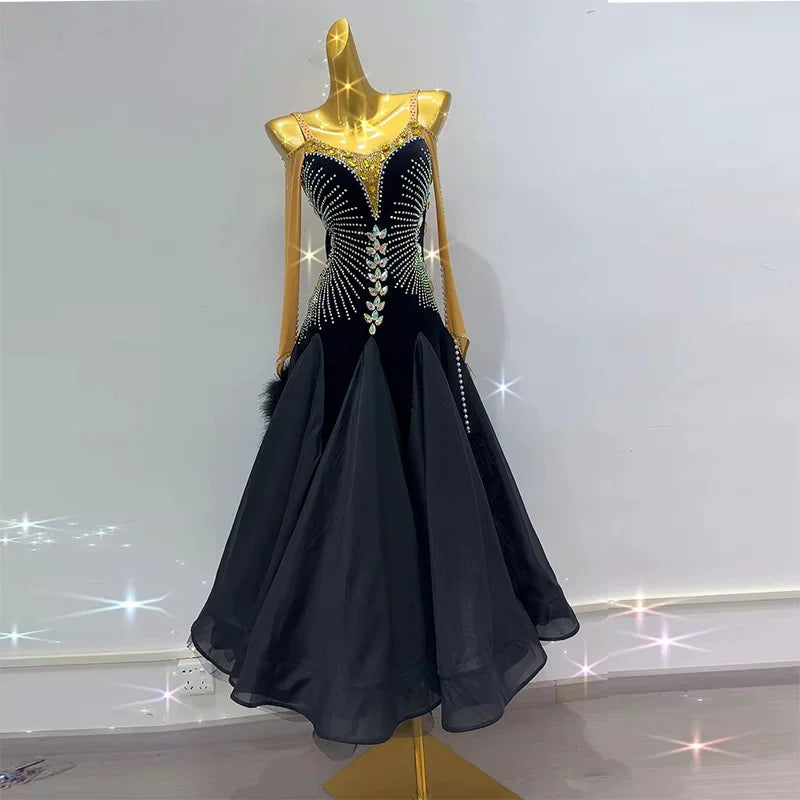 Customized Black Velvet Gold Stones Competition Ballroom Dance Dress Waltz Tango Rhythm Smooth Dance Gown