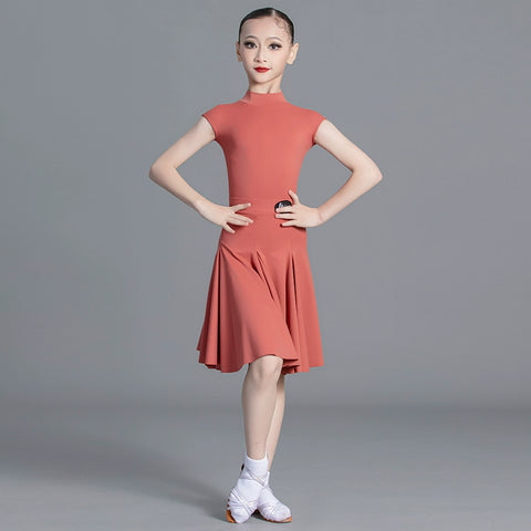 Latin Dance dresses for kids Girls green wine Competition Short Sleeve International modern Dance Standard Suit for children - Moderndancedress.com